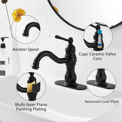 Matte Black Bathroom Faucet GGStudy 360° Swivel Bathroom Vanity Faucet Single Handle One Hole Black Bathroom Sink Faucet Basin Matching Pop Up Drain with Overflow