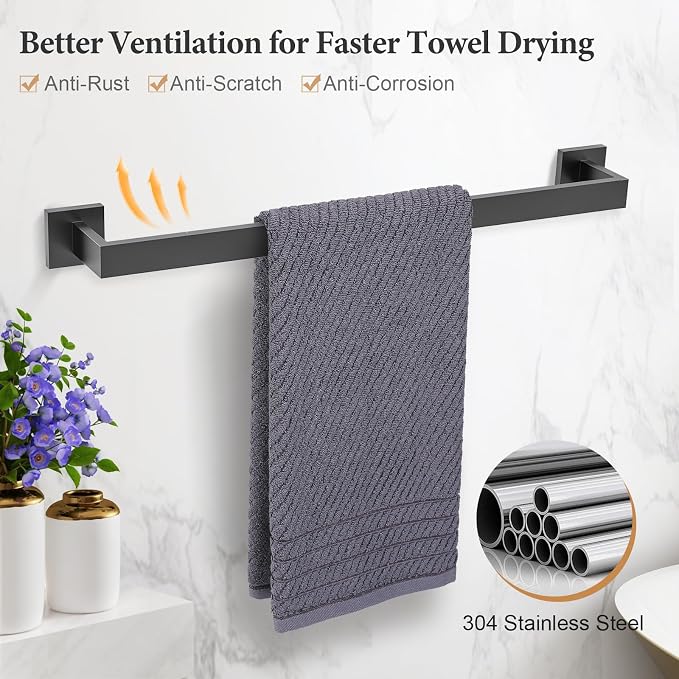 TURS Bathroom Hardware Set Black 4-Piece Towel Bar Set Include 24 Inch Towel Bar Towel Ring Towel Hook Toilet Paper Holder with Shelf Wall Mounted.