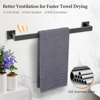 TURS Bathroom Hardware Set Black 4-Piece Towel Bar Set Include 24 Inch Towel Bar Towel Ring Towel Hook Toilet Paper Holder with Shelf Wall Mounted.