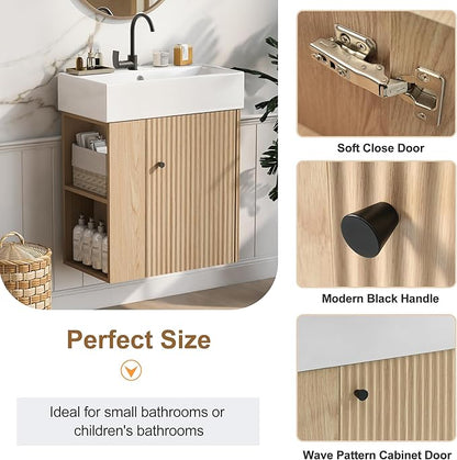 LUMISOL 21.6" Small Floating Bathroom Vanity with Sink, Wall Mounted Bathroom Vanity with One Door & Left Side Shelf, Solid Wood Narrow Bathroom Cabinet with Ceramic Sink, Natural