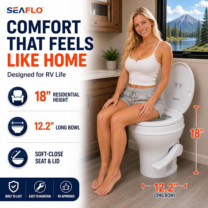 SEAFLO RV Toilet – 18.4" Residential Height, Gravity Flush Foot Pedal, 4-Year Warranty, Fits Most RVs (9.5" Rough-In), Soft Close Seat, 2-Bolt Mount, for Camper Travel Trailer Motorhome SFRTPH-01-01