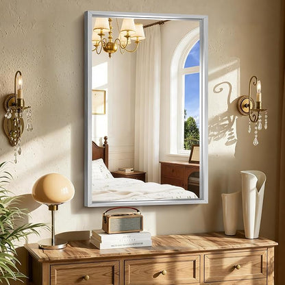 CIRCUMI 24"x40" Brushed Silver Bathroom Mirror, Rectangular Vanity Mirror | Chunky Box Metal Frame, Shatterproof, Tempered Glass, Bathroom Remodel&New Home,Wall Mirror for Over Sink,Living Room,Hallway