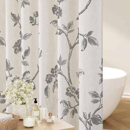 MitoVilla Extra Long Linen Floral Shower Curtain for Bathroom,72 x 84 | Extra Long BoHo Cottagecore Spring Shower Curtains, Modern Farmhouse Country Plant Leaves Bathroom Décor, 72 x 84