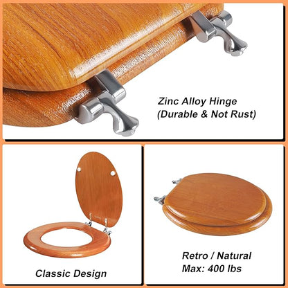 Angel Shield Durable Wood Veneer Natural Toilet Seat Metal Hinged Easy Clean Anti-scratch American Standard(Round,Wood Color)