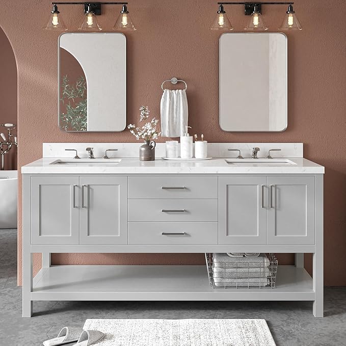 ARIEL Magnolia 72-inch Bathroom Vanity with Sink,Solid Wood, 1.5-inch Carrara White Quartz Countertop & Backsplash, Double Rectangular Porcelain Sink, 4 Soft Closing Doors, 3 Dovetail Drawers, Grey
