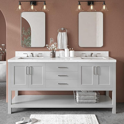 ARIEL Magnolia 72-inch Bathroom Vanity with Sink,Solid Wood, 1.5-inch Carrara White Quartz Countertop & Backsplash, Double Rectangular Porcelain Sink, 4 Soft Closing Doors, 3 Dovetail Drawers, Grey