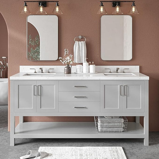 ARIEL Magnolia 72-inch Bathroom Vanity with Sink,Solid Wood, 1.5-inch Carrara White Quartz Countertop & Backsplash, Double Rectangular Porcelain Sink, 4 Soft Closing Doors, 3 Dovetail Drawers, Grey