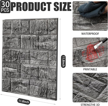 30 Pcs 3D Wall Panels Peel and Stick Wallpaper Foam, Grey Stone | Faux Brick Stone Tiles, Covering 28.8-48.4 Sq ft, Self Adhesive Waterproof Panels for Bedroom Living Room Kitchen Walls