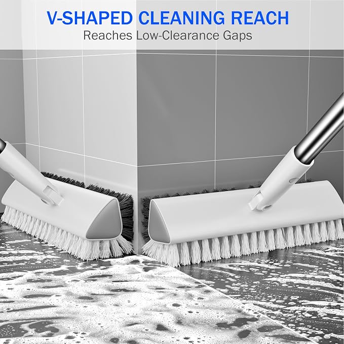 Grout Brush with Long Heavy Duty Handle, 180° Swivel Floor Scrub Brush, V-Shaped Grout Line Scrubber with Stiff Bristles, Cleaning Brush for Deep Cleaning Tile Grout, Shower, Kitchen, and Concrete