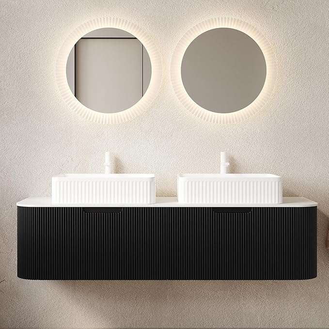 Yayzy 60" Floating Bathroom Vanity with Sink, Solid Wood Fluted Cabinet, White Fluted Square Ceramic Basin & Faux Marble Top, Soft-Close Drawer, Pre-Assembled, Gloss Black