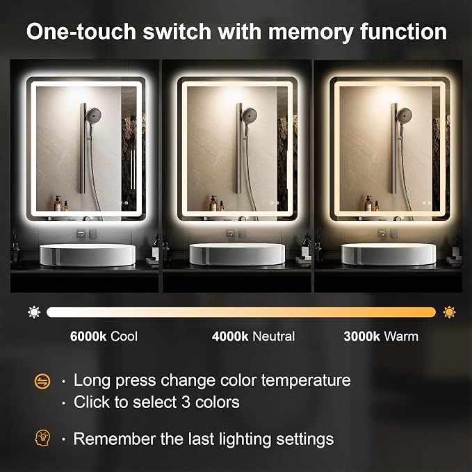 LED Bathroom Vanity Mirror with Lights, 36"x30" Lighted Wall Mirror | Front and Backlit, Anti Fog, Dimmable 3 Color Lighting, Memory Function, Shatterproof Glass, Plug in or Hardwired