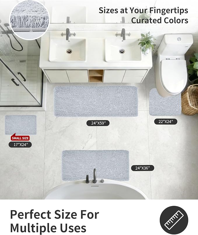 ILANGO Silver Bathroom Rugs 48" × 24" Non Slip & Super Absorbent Extra Thick Soft, Washable Bath Mat for Floor, Microfiber Plush Shaggy Bath Rug with Tub for Bathtub Shower Room Sink