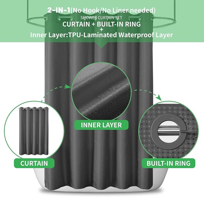 No Hook Waffle Shower Curtain, No Liner Needed, 71x74 Inch, Charcoal Grey | 100% waterproof TPU-laminated backing, magnetic weighted hem, machine washable, shower curtain set for bathroom or hotel use
