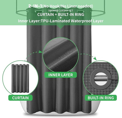 No Hook Waffle Shower Curtain, No Liner Needed, 71x74 Inch, Charcoal Grey | 100% waterproof TPU-laminated backing, magnetic weighted hem, machine washable, shower curtain set for bathroom or hotel use