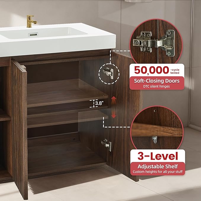 60" Bathroom Vanity with Double Sink, Freestanding Double Sink Bathroom Vanity with White Engineered Stone Top, Open Storage Cabinet & Adjustable Shelf, 4 Soft-Closing Doors, Walnut