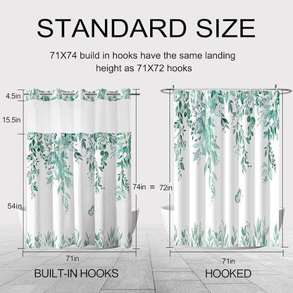 No Hook Shower Curtain and Liner Set, Teal Eucalyptus 71x74 | Floral Design, with Snap in Liner, Waterproof, Machine Washable, Quick-Drying, for Hotel Bathroom