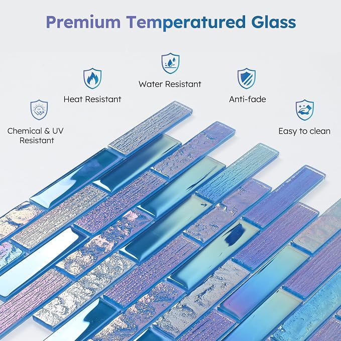 Pool Glass Mosaic Tiles, Iridescent Blue, 1x4 Inch Brick, 5 Sheets | Glass Linear Tile for Swimming Pool, Kitchen Backsplash, Shower, Bathroom Wall, Waterline, Fountain