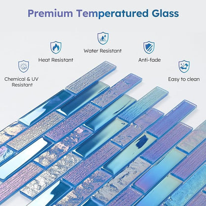 Pool Glass Mosaic Tiles, Iridescent Blue, 1x4 Inch Brick, 5 Sheets | Glass Linear Tile for Swimming Pool, Kitchen Backsplash, Shower, Bathroom Wall, Waterline, Fountain