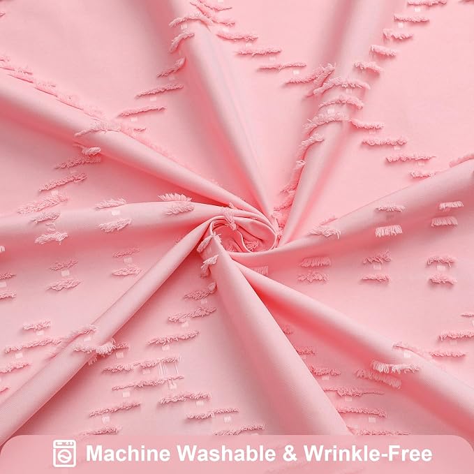 Pink Boho Woven Fabric Shower Curtain with Tassel 72 x 78, Tufted Textured | Modern Farmhouse Curtain for Bathroom, Long Bathroom Curtain, Minimalist Decor, Waterproof
