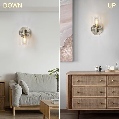 Wall Sconces for Bathroom, Brushed Nickel Vanity Light Fixtures, Modern Wall Mount Lighting Lanterns, Farmhouse Wall Lamps with Clear Glass Shade for Bedroom Living Room Mirror Hallway Porch(2PACK)