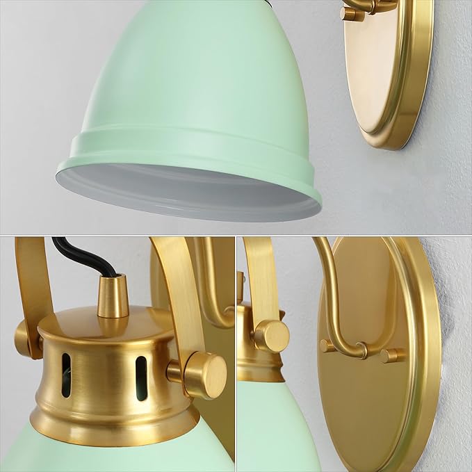 JONATHAN Y 7" Mint Green/Brass Gold 1-Light LED Vanity Light, Adjustable Wall Sconce for Bathroom Mirror, Farmhouse Bohemian Kitchen Light, Iron Black Bell Shade (JYL1114D)