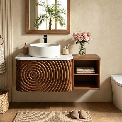 36" Floating Bathroom Vanity with Sink, Mid-Century Wall Mounted Bathroom Vanity Cabinet with Wood Waved Decor,Ceramic Vessel Basin and Sintered Stone Top, Soft Close Drawer, Side Open Cube