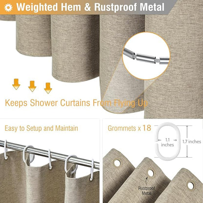 BTTN Extra Wide Shower Curtain - 108 x 72 Inch Linen Textured Waterproof Fabric Shower Curtain Set with 18 Plastic Hooks, Large Modern Farmhouse Cloth Bathtub Shower Curtains for Bathroom - Khaki/Tan
