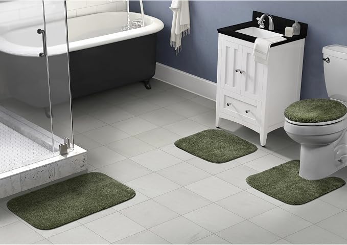 Garland Rug Traditional Nylon Washable Deep Fern 4 Piece Set - Lid, Contour, 2 Bath Rugs - Soft, Absorbent, and Stylish for Your Bathroom