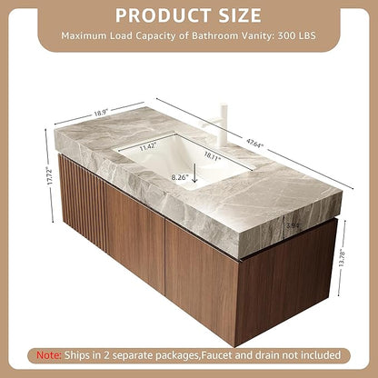 48” Floating Bathroom Vanity with Sink, Wall-Mounted Cabinet with Drawer & Doors, Gray Travertine-Pattern Sintered Stone Top, Undermount Basin, Single Faucet Hole, Soft-Close, Pre-Assembled, Brown Oak