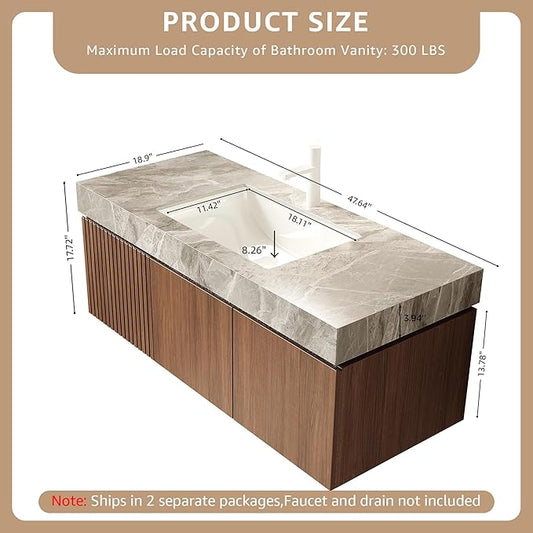 48” Floating Bathroom Vanity with Sink, Wall-Mounted Cabinet with Drawer & Doors, Gray Travertine-Pattern Sintered Stone Top, Undermount Basin, Single Faucet Hole, Soft-Close, Pre-Assembled, Brown Oak
