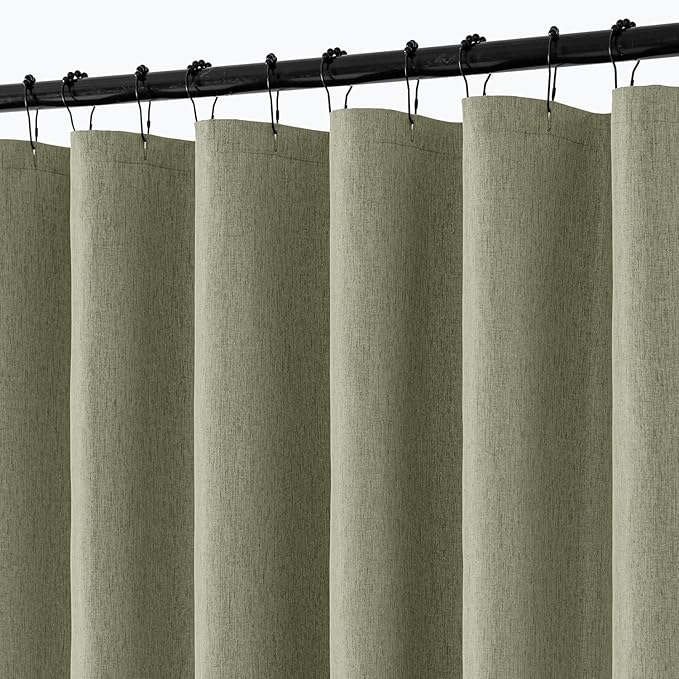 ANRODUO Olive Green Linen Textured Fabric Shower Curtain Set - W72xL84 | Farmhouse Shower Curtain with 12 Metal Hooks, Waterproof Heavy Duty, Button Hole Design, Machine Washable for Bathroom