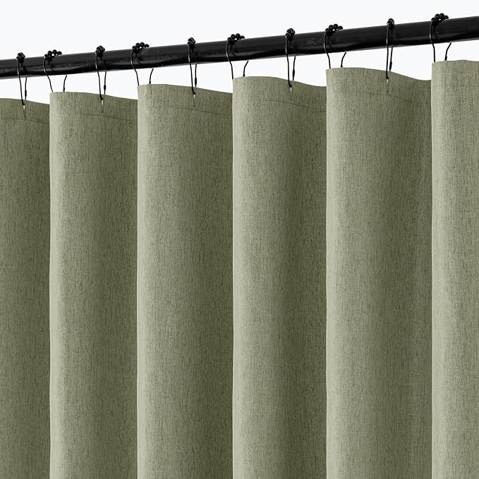 ANRODUO Olive Green Extra Long Linen Fabric Shower Curtain Set - W72xL108 | Farmhouse Shower Curtain with 12 Metal Hooks, Waterproof Heavy Duty, Button Hole Design, Machine Washable for Bathroom
