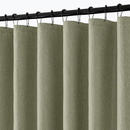 ANRODUO Olive Green Extra Long Linen Fabric Shower Curtain Set - W72xL108 | Farmhouse Shower Curtain with 12 Metal Hooks, Waterproof Heavy Duty, Button Hole Design, Machine Washable for Bathroom