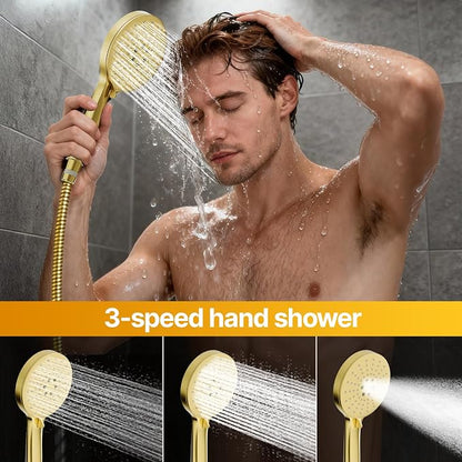 Shower Faucet Set Brass 12IN Rough-In Valve Body Trim Kit Rainfall Included Handle Accessories Complete 2 Functions with Rain Head and Handheld Bathroom Systems (12'', Brushed Gold)