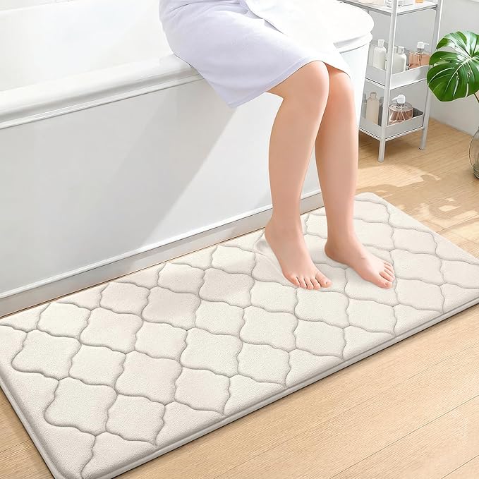 OLANLY Memory Foam Bath Mat Rug 47x20, Ultra Soft and Absorbent Bathroom Rugs, Non-Slip, Comfortable, Machine Washable Bath Carpet for Bathroom Floor, Tub, Shower and Home Decor Accessories, Ivory