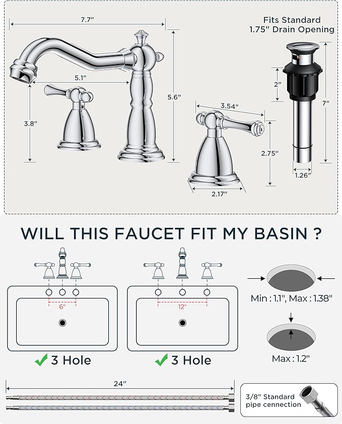 FORIOUS Bathroom Sink Faucet 3 Holes, 2 Handle Faucet for Bathroom Sink with Pop-Up Drain and Water Supplies for Commercial, Vanity, Lavatory, Restroom, Farmhouse (Chrome)