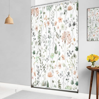 Cute Floral Small Stall Sage Green Flower Girls Bathroom Shower Curtain Set | 48"W x 72"H Wildflower Butterfly; waterproof HD print, quick-dry fabric and plastic hooks for easy setup.