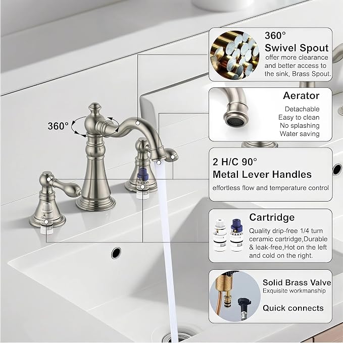 8 Inch Two-Handle Widespread Bathroom Faucet with Pop up Drain, Brushed Nickel Bathroom Sink Faucet 3 Hole,High Arc Swivel Spout Lavatory Faucet,2 Pack,WF-8801-BN