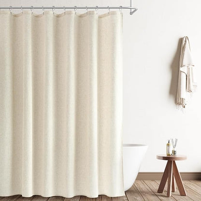 Extra Long Light Beige Linen Shower Curtain 84 Inch Long Weighted Fabric Bath Shower Curtain Set with Hooks, XLong Tall Country Farmhouse Curtains for Bathroom, 72x84