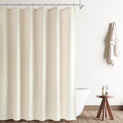 Light Beige Linen Shower Curtain, Country Boho Farmhouse Bath Decor Shower Curtains for Bathroom Neutral Cloth Weighted Textured Fabric Bath Curtain with Hooks, Light Beige, 72 Inch