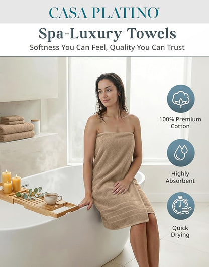 Casa Platino Bath Towel Set Quick Dry 100% Cotton 12 Piece Soft - Beige | Cotton Towels - Classic Terry Weave, Densely Woven, Coordinated Colors, Dobby Border Accent, OEKO-TEX Certified