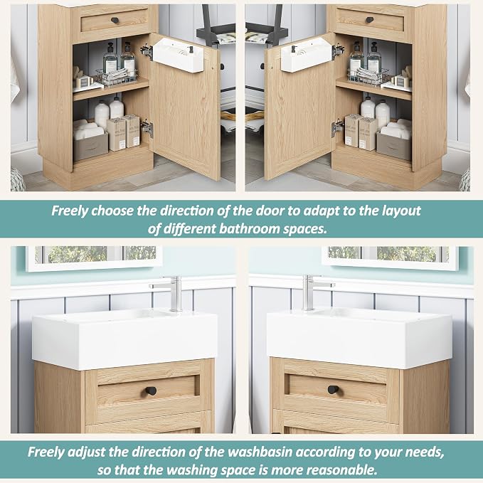 Merax Modern Rustic 18.5'' Bathroom Vanity with Resin Sink, Solid Wood Bathroom Storage Cabinet with Adjustable Shelf & Reversible Door for Small Spaces, Natural