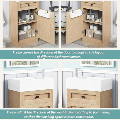 Merax Modern Rustic 18.5'' Bathroom Vanity with Resin Sink, Solid Wood Bathroom Storage Cabinet with Adjustable Shelf & Reversible Door for Small Spaces, Natural