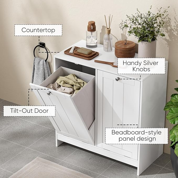 Smart FENDEE Double Tilt Out Laundry Hamper Cabinet, 11.8 Gallon Hidden Trash Cabinets with 2 Baskets for Kitchen, Freestanding Small Bathroom Storage Cabinet Unit, White