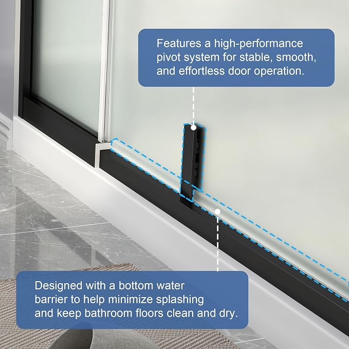 42-48" W x 72" H Frosted Pivot Shower Glass Door Matte Black | 1/4"(6mm) SGCC Tempered Glass with Explosion-Proof Film &Nano Coating,Customizable Width