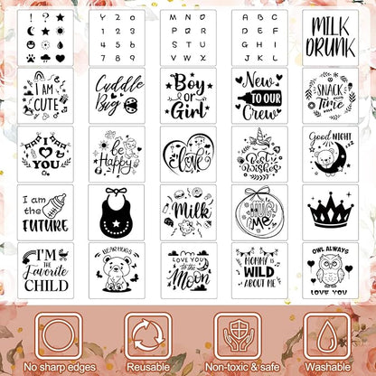 Panitay 126 Pcs Baby Shower DIY Bodysuit Set Bib 25 Blank White Newborn Bodysuit 25 Stencils 24 Marker 1 Sign 50 Pins(Floral)