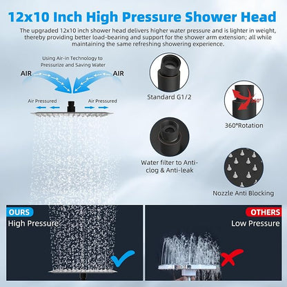 Hibbent 12'' Filtered Rain Shower Head, Extension Arm, Oil Rubbed Bronze | High Pressure Rainfall Showerhead, Brass Adjustable 16" Shower Head Extension Arm, 20 Stage Shower Filter, Fixed Showerheads