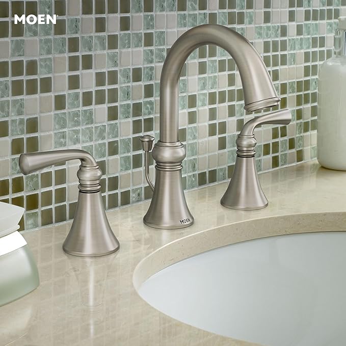 Moen Wetherly Spot Resist Brushed Nickel Two-Handle Widespread Bathroom Faucet with Valve Included, 3-hole Deck Mounted Setup, WS84855SRN