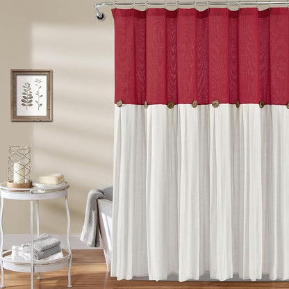 Lush Decor Linen Button Shower Curtain, 72" W x 72" L, Red & Off White - Red Bathroom Curtain - Fabric Shower Curtains - Farmhouse Bathroom Decor