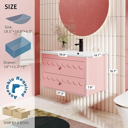 eclife 30" Floating Bathroom Vanity with Sink Combo, Modern Painted Wall-Mounted Vanities Storage Cabinet with Scalloped Decor, Undermount Basin, Faucet, Drain, Pink